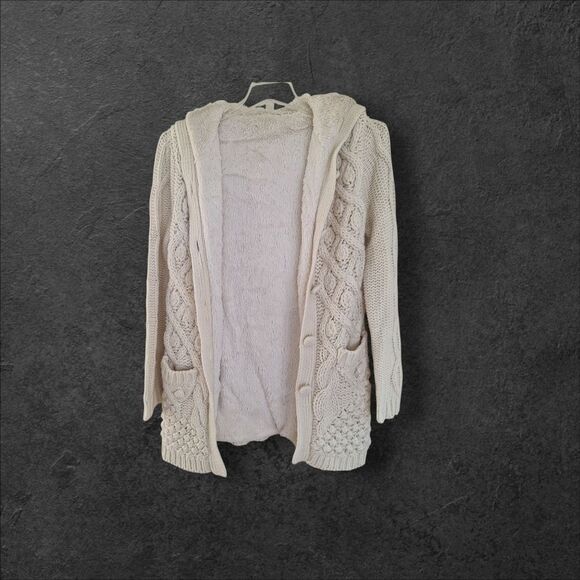 Chunky Cable Knit Hooded CARDIGAN Faux Fur Lined Sweater Tunic Length Pockets M - Picture 2 of 16